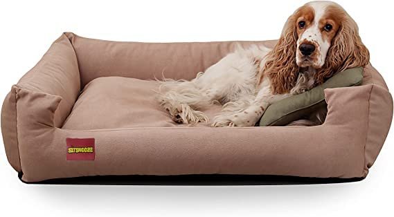 SITSNOOZE Dog Beds and Cat Beds Rectangle Shape Pet Sofa Bed Soft-Anti Skid Washable Scratch Proof for Dogs and Cats Orthopaedic Bed for Sleeping and One Extra Bone Shape Chew Pillow as Gift (Brown-S)
