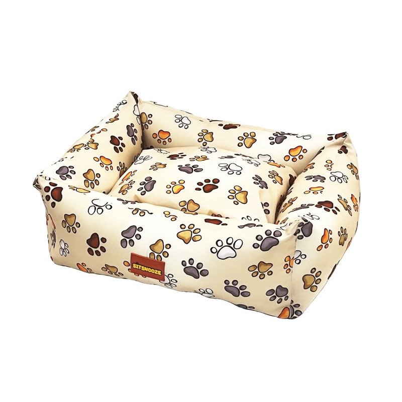 SITSNOOZE Plush Lounger Dog Bed, Cat Beds for Indoor, Orthopedic Pet Bed for Puppy, Extra Soft & Machine Washable with Anti-Slip & Water-Resistant, White & Brown, Paw Print Bed Size : S