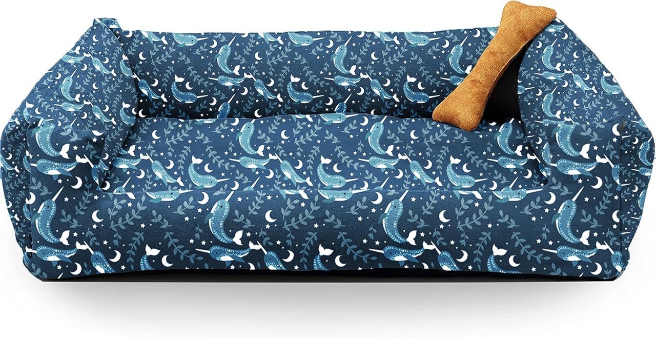 SITSNOOZE Plush Lounger Dog Bed and Cat Bed | Pet Bed for Dogs & Cats | Lounger Dog Bed Washable | Water Resistant Indoor and Outdoor Lounger Bed | Colour: Blue Printed |Size : S